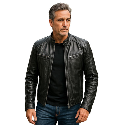 Schlichte Herren-Lederjacke mit Reissverschluss und Stehkragen