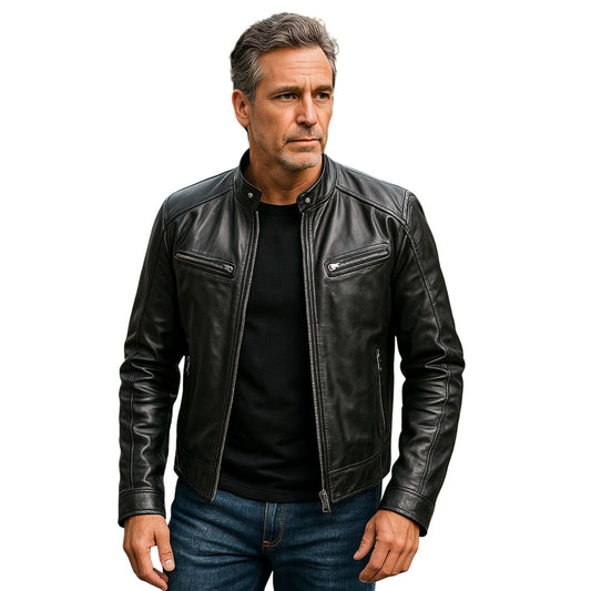 Schlichte Herren-Lederjacke mit Reissverschluss und Stehkragen