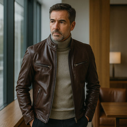 Schlichte Herren-Lederjacke mit Reissverschluss und Stehkragen