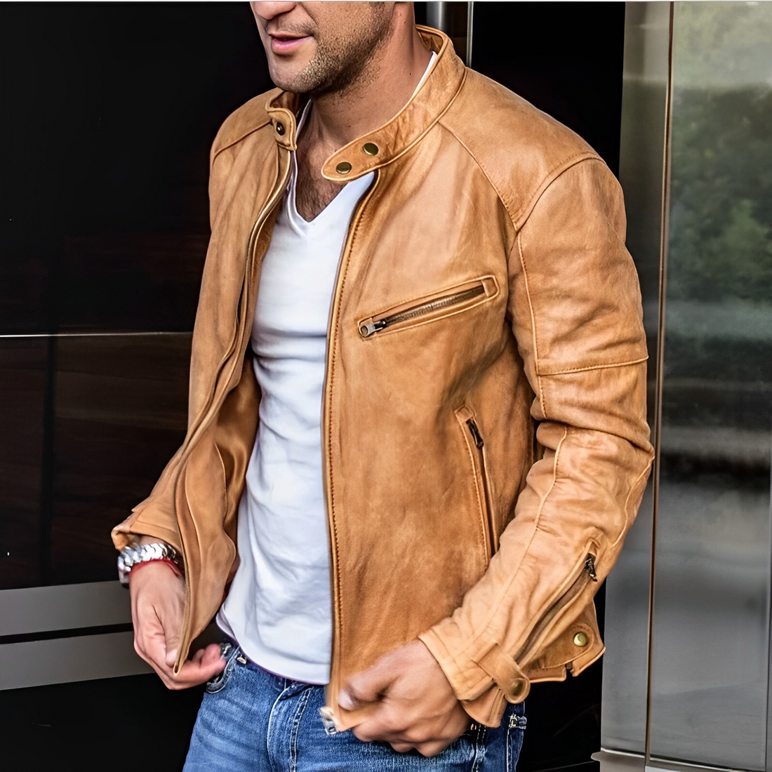 Men's Leather Jacket with Stand Collar and Functional Zip Details