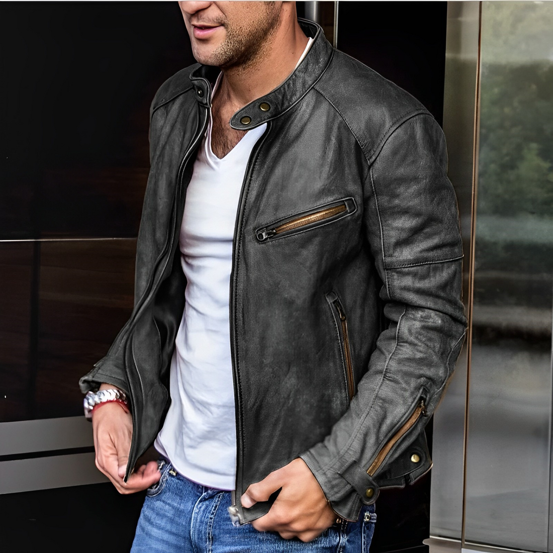 Men's Leather Jacket with Stand Collar and Functional Zip Details