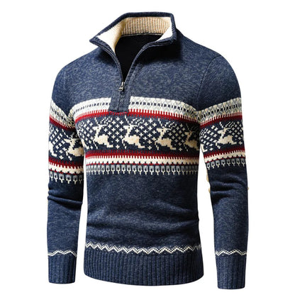 Herren Weihnachts-Pullover mit halbem Reißverschluss | Rentier-Muster