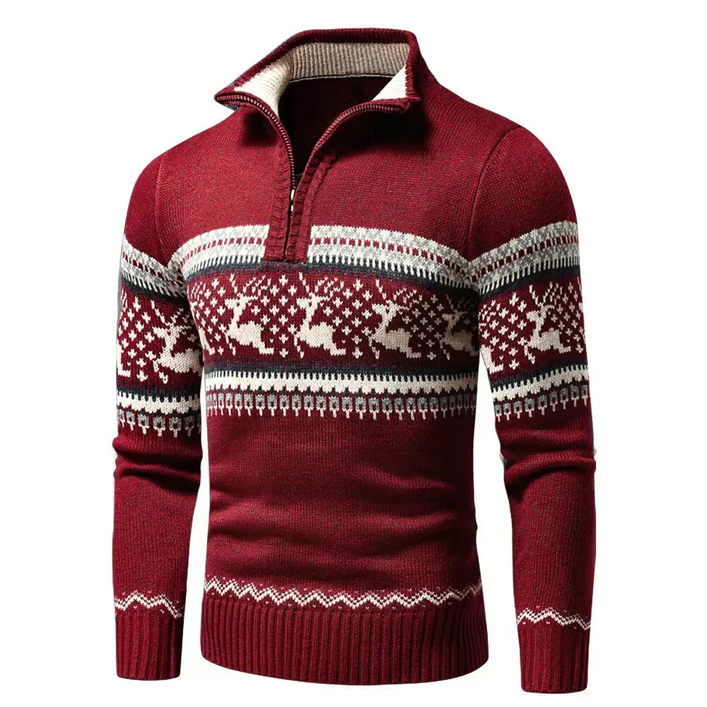 Herren Weihnachts-Pullover mit halbem Reißverschluss | Rentier-Muster
