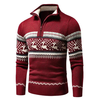 Herren Weihnachts-Pullover mit halbem Reißverschluss | Rentier-Muster