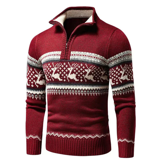 Herren Weihnachts-Pullover mit halbem Reißverschluss | Rentier-Muster