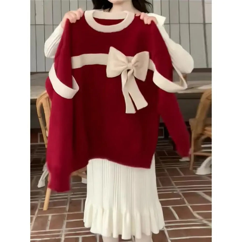 Damen-Weihnachtspullover mit Schleifendetail | Rot Festlich